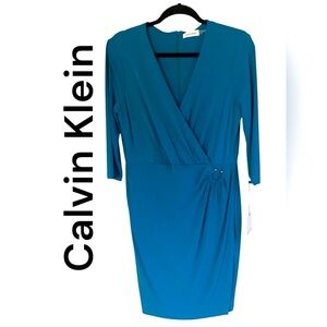 Calvin Klein-NWT size 12 aqua faux wrap dress, rouched waist, back zip. New!